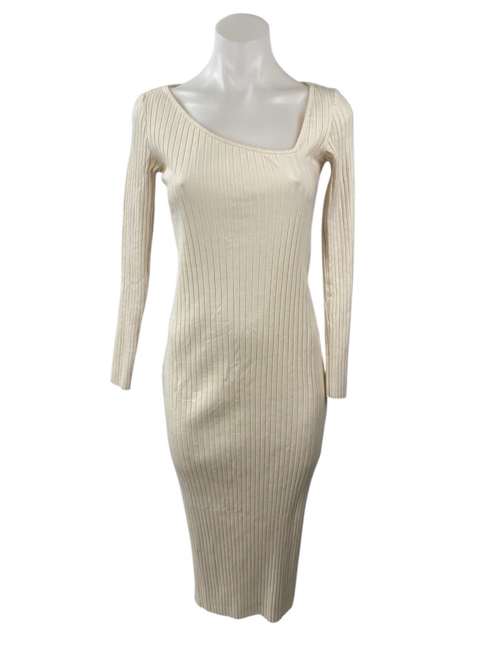 Zara Cream Ribbed Knit Asymmetric Neck Long Sleeve Midi Bodycon Dress Size M